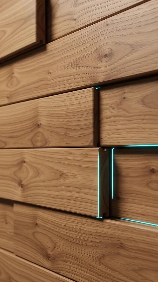 Close-up of walnut cabinet fronts with precise joinery and cyan edge lighting