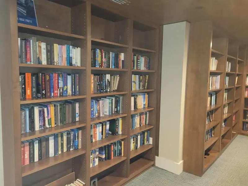 Wood library shelving wall